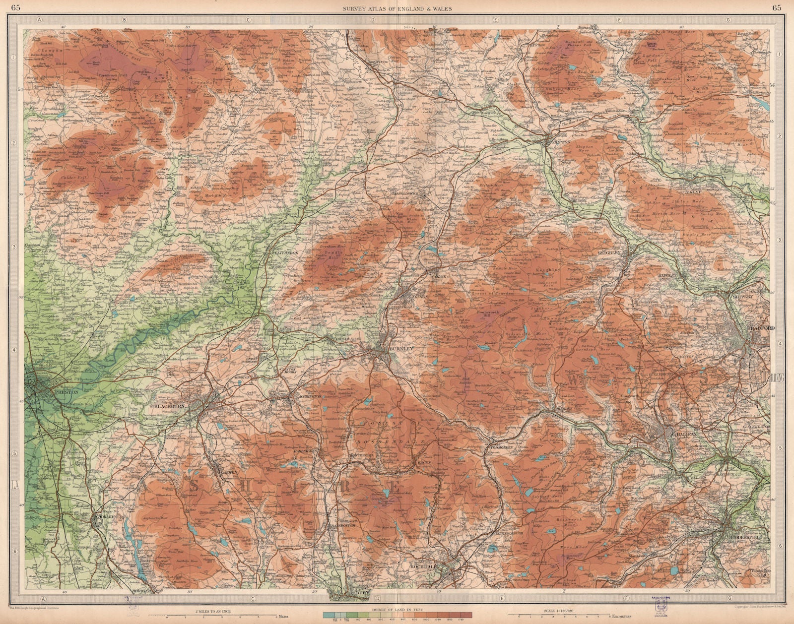 LANCASHIRE/YORKSHIRE.Blackburn Halifax Bradford Burnley Ribble Valley 1939 map
